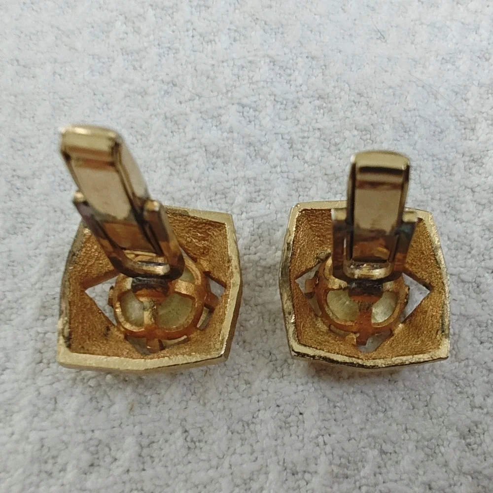 Cufflinks Gold Green‎ Geometric Textured Square Rhinestone Vintage Toggle Back